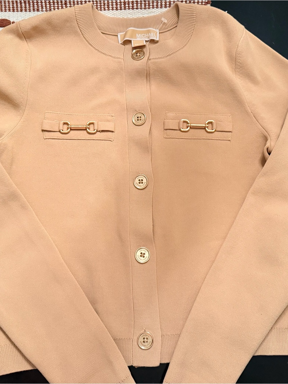 Michael Kors Camel Button-Front Knit Cardigan with Gold-Tone Hardware